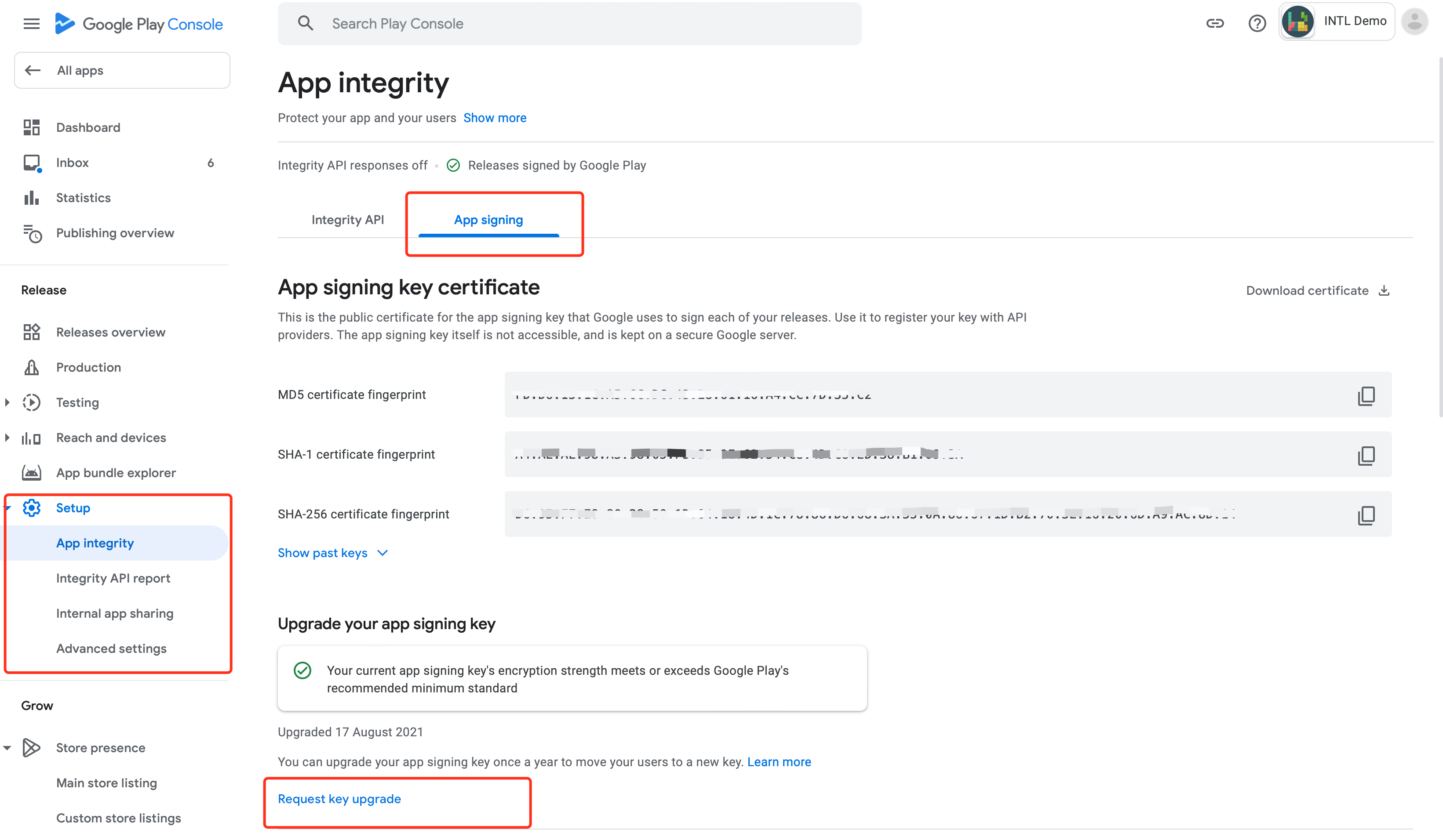 Image: Google Console Android Application