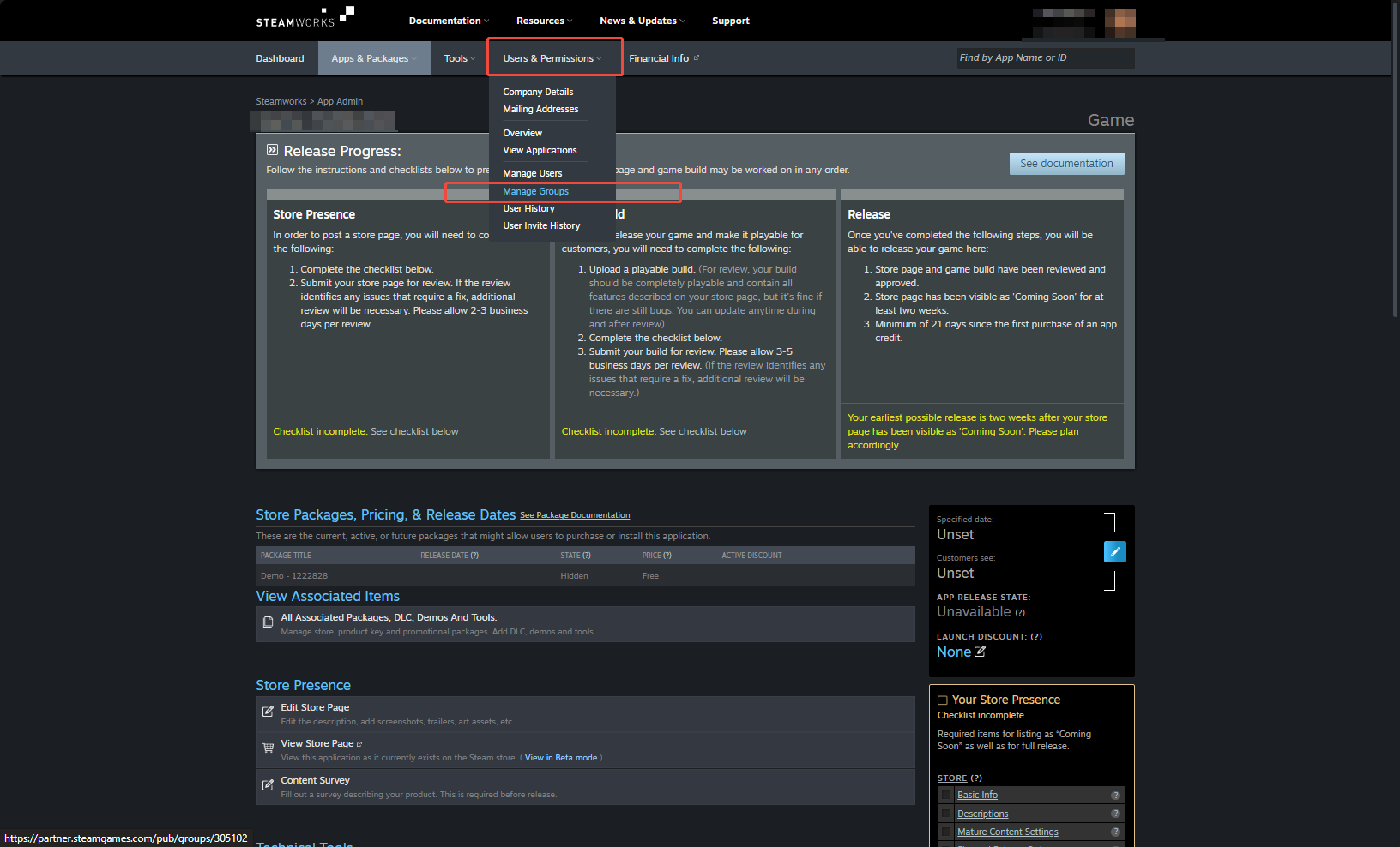 Image: Steamworks application main page