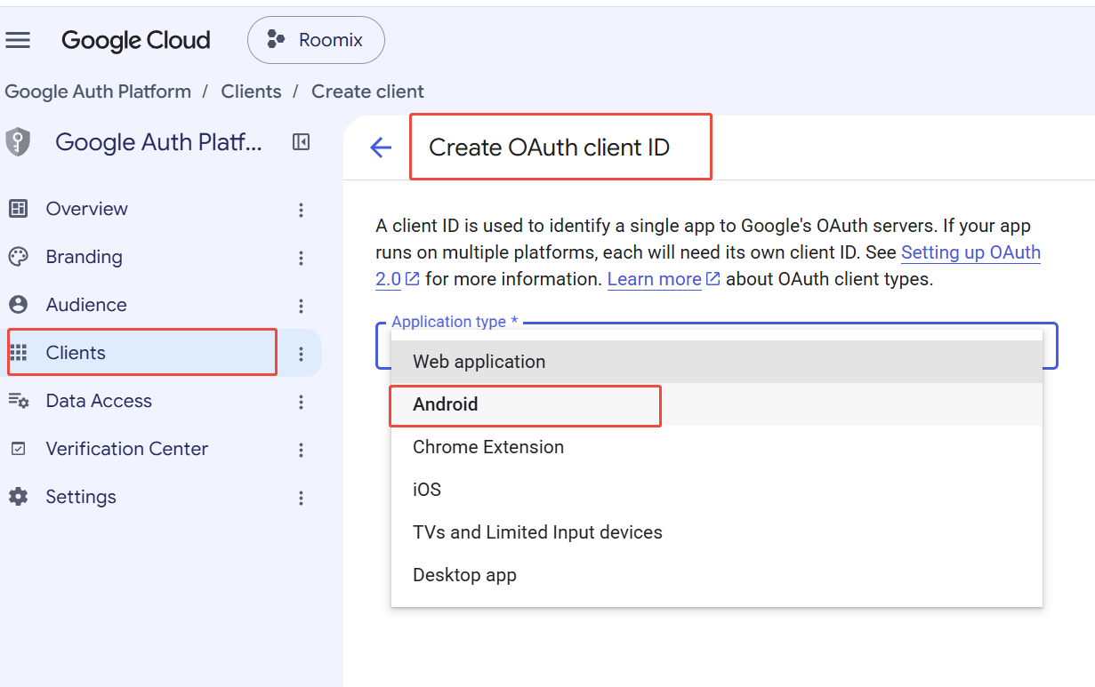 Image: Google, create OAuth clients