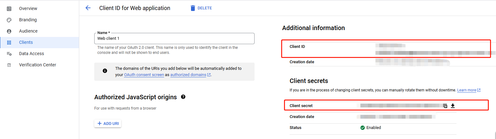 图片:Google Web Client ID and Secret